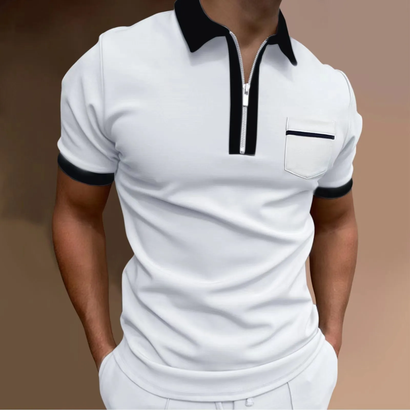 Men's casual solid color short-sleeved T-shirt top everyday high quality summer pocket zip-up lapel polo shirt