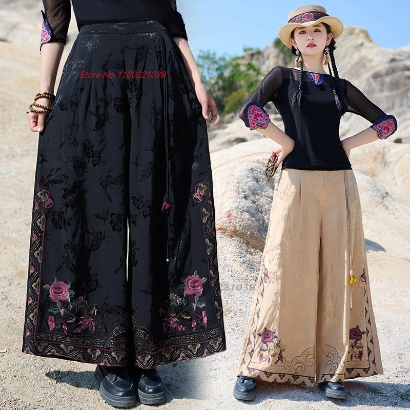 

2026 chinese vintage pants national flower embroidery elastic waist satin jacquard trousers traditional wide leg pantalones