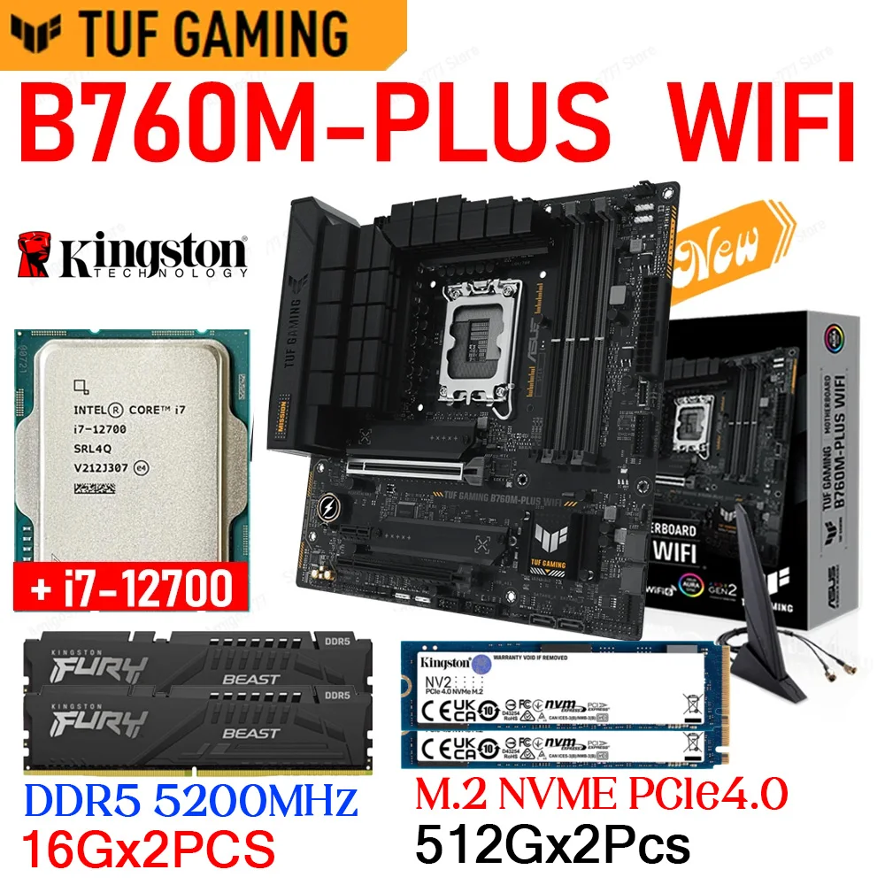 

LGA 1700 Asus TUF GAMING B760M-PLUS WIFI DDR5 Intel B760 Mainboard + i7 12700K CPU Kingston DDR5 Memory 32GB M.2 512G SSD Kit