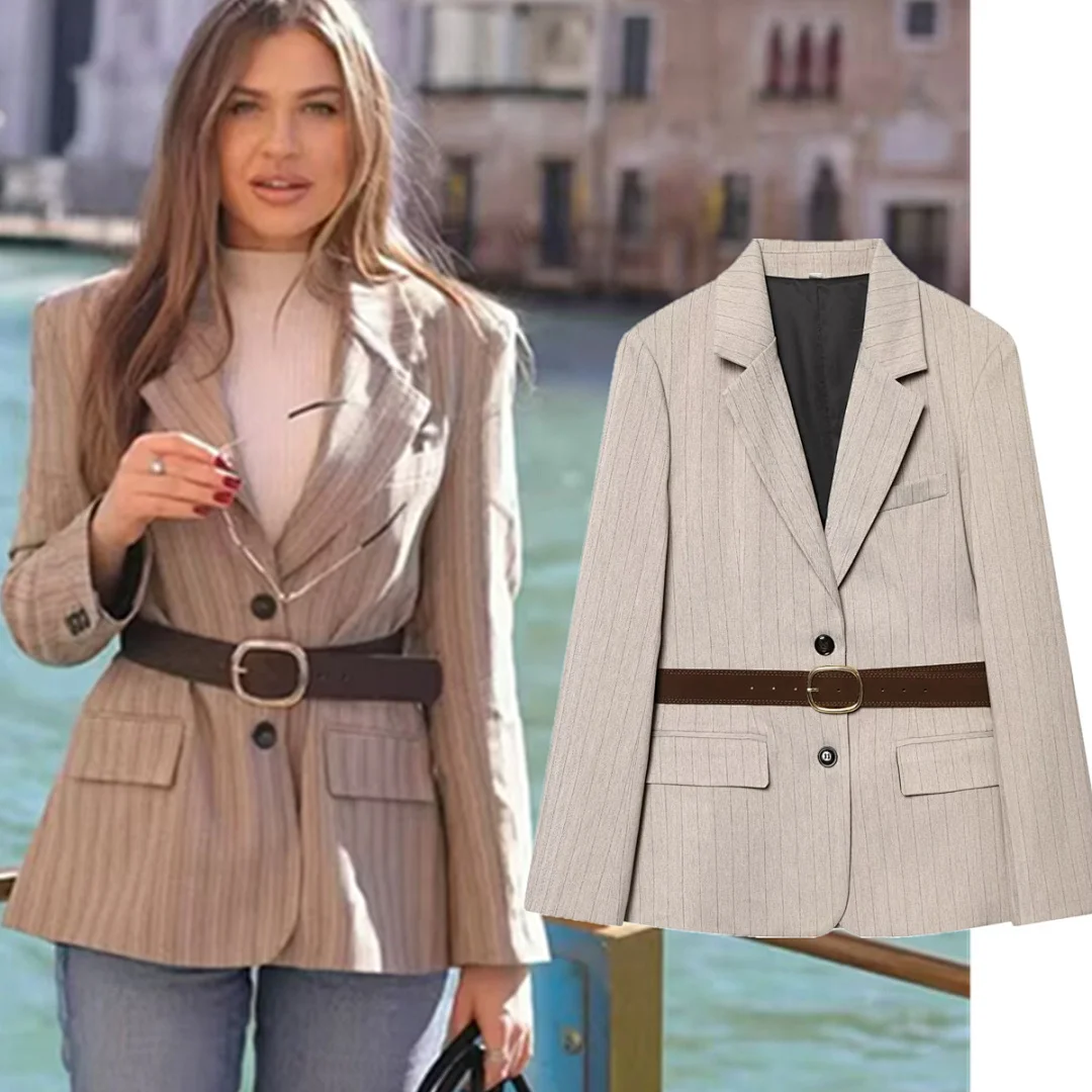 

Maxdutti Nordic Minimalist Striped Suit Jacket With Belt Women's Jacket Woman Clothes Tops Ropa mujer Blazer Woman Blazer
