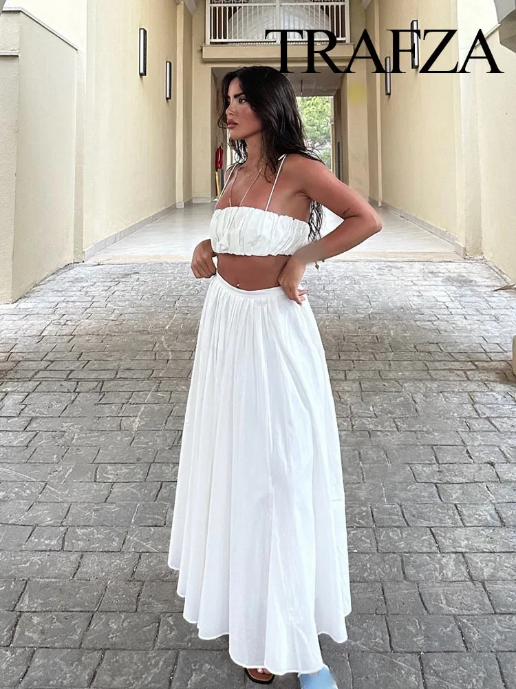 New Female Sleeveless Strapless Ruffle Cropped Tank Top+Pleated Zipper Waist Long Skirt 2024 Elegant 2 Piece Trendy Set