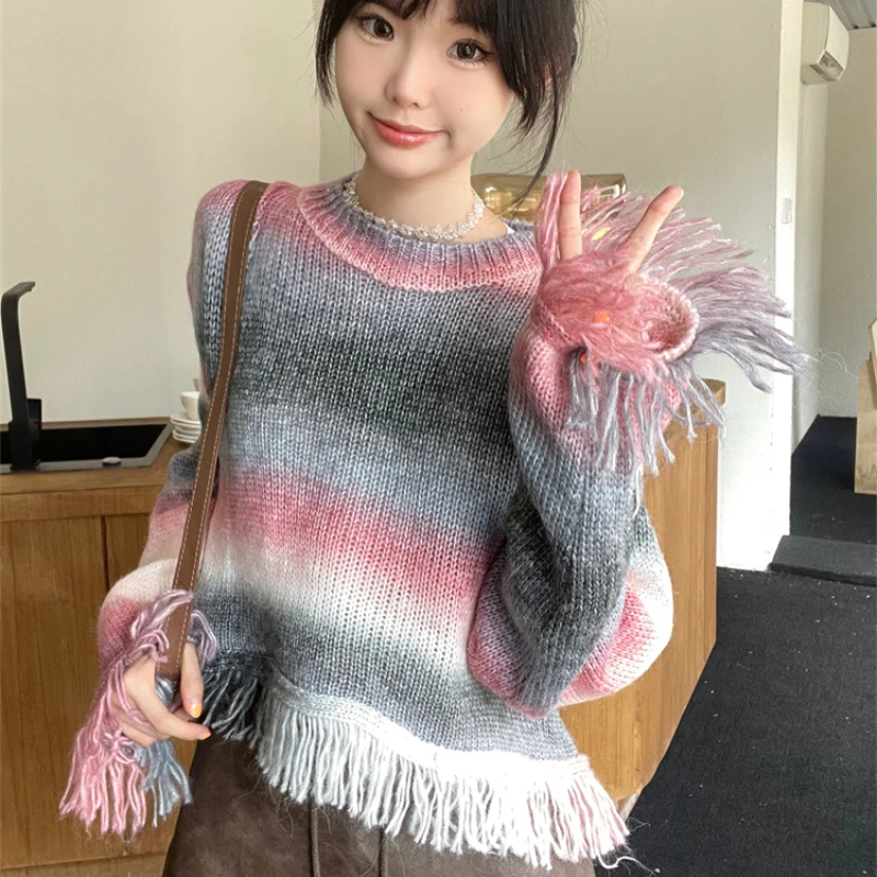 Striped Pullovers Women Fringe Loose O-neck Long-sleeved Sweet Girl  Sweaters Autumn and Winter Japanese Style Daily Tops Female