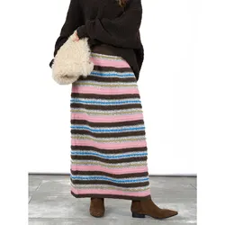 Wool Striped Half Length Knit Skirt Autumn/winter Warm A-line Long Skirts For Women