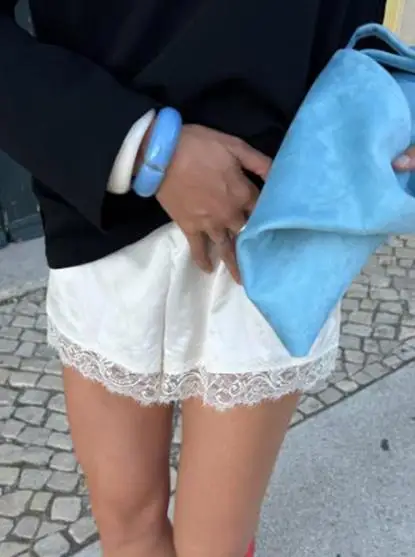 Lace Trimmed Shorts Black Large 100% Polyester Casual Wear Breathable Summer Shorts For Women
