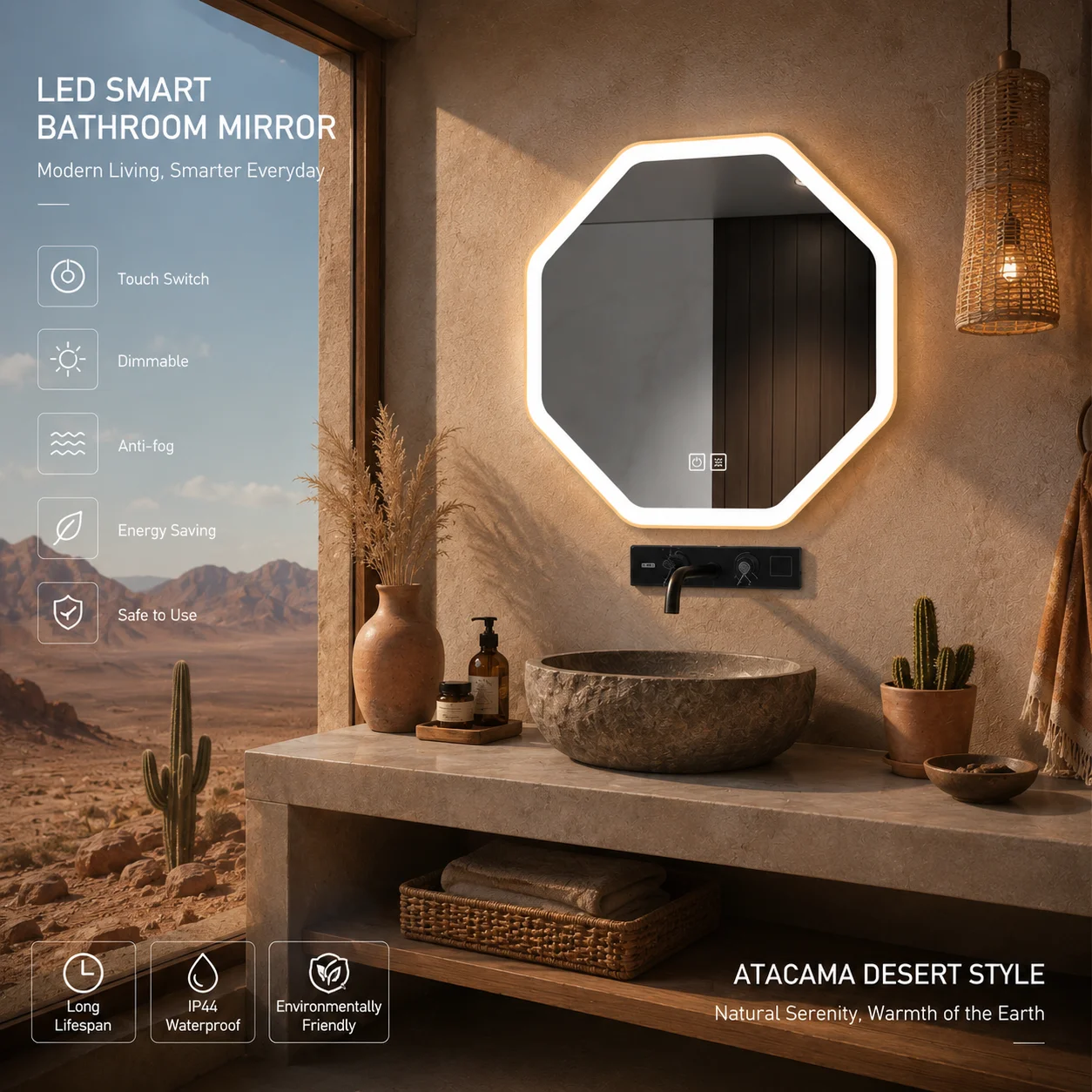 40cm Octagonal LED Bathroom Mirror Anti Fog Dimmable 3 Color Light IP44 110-220V Wall Mount Aluminum Frame Gold White Black