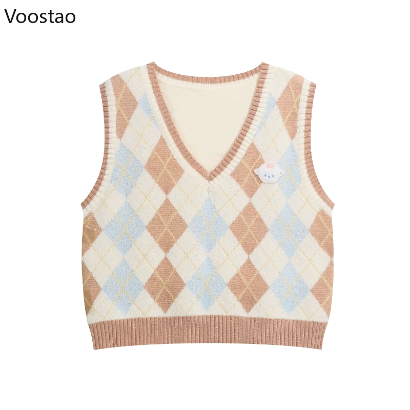 Sweet Lolita Knitted Vest Japanese Kawaii Plaid Cartoon Sheep Embroidery JK Sweater Tank Tops Girls Cute Sleeveless Waistcoat