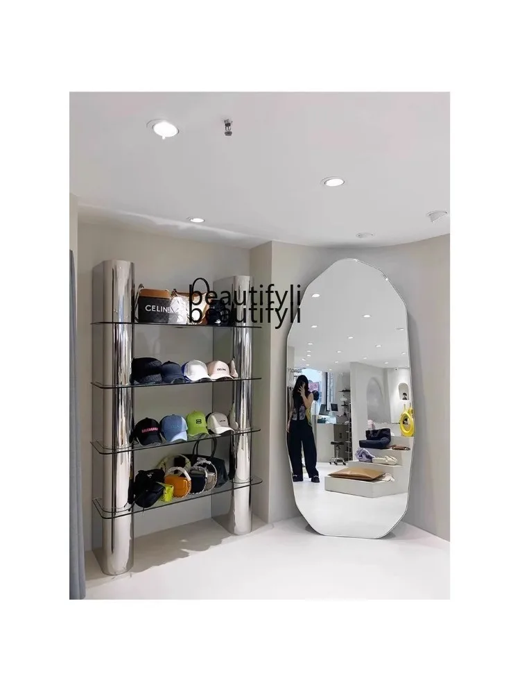 Clothing Store Floor-Standing Rack Shoe Rack Bag Zhongdao Display Stand Stainless Steel Glass Shelf Display Cabinet