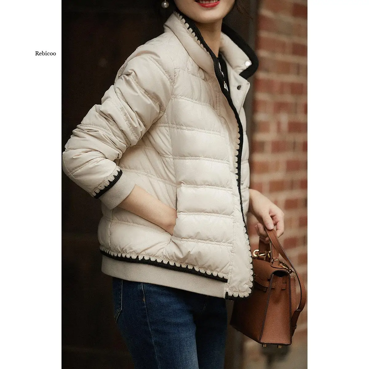 

Winter Women 90% White Duck Down Coat Stand Collar Zipper Lace Solid Jacket Thick Warm Snow Parka Outwear