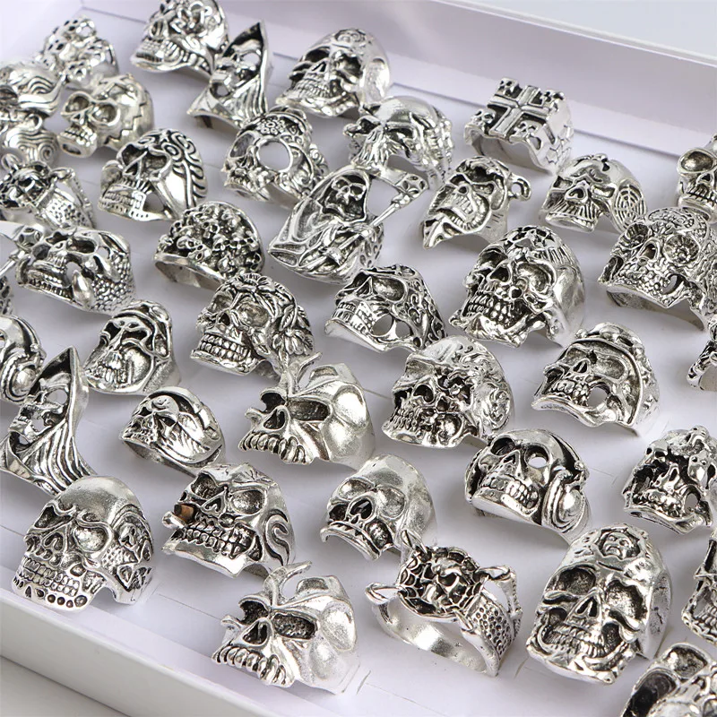 Wholesale Bulk 20pcs/ Lot Mens Gothic Skull Skeleton Antique Silver Plated Metal Jewelry Rings Mix Different Style