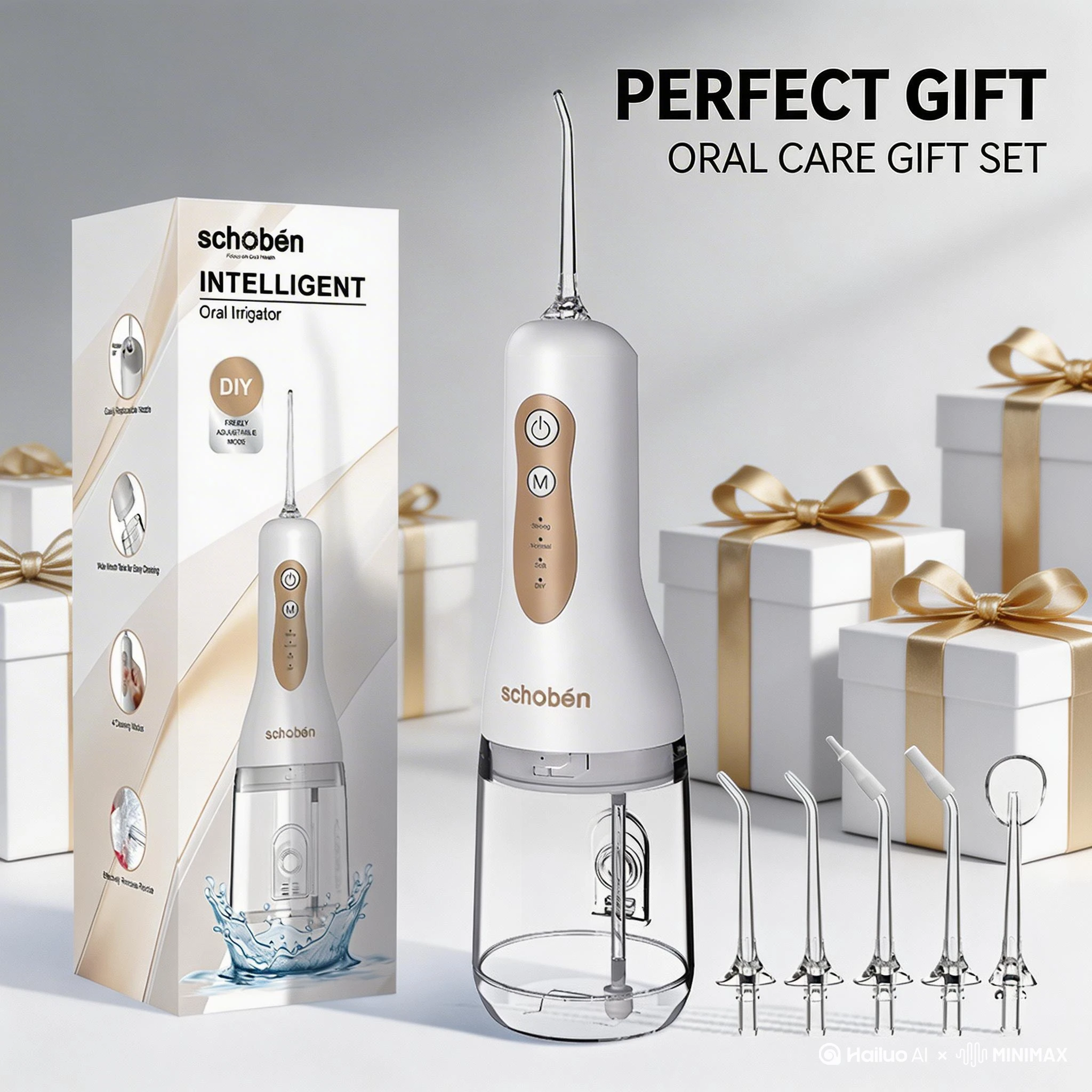 

Schoben Water Flosser 2.0, a portable oral irrigator, features USB charging, 4 cleaning modes, and a large-capacity water tank