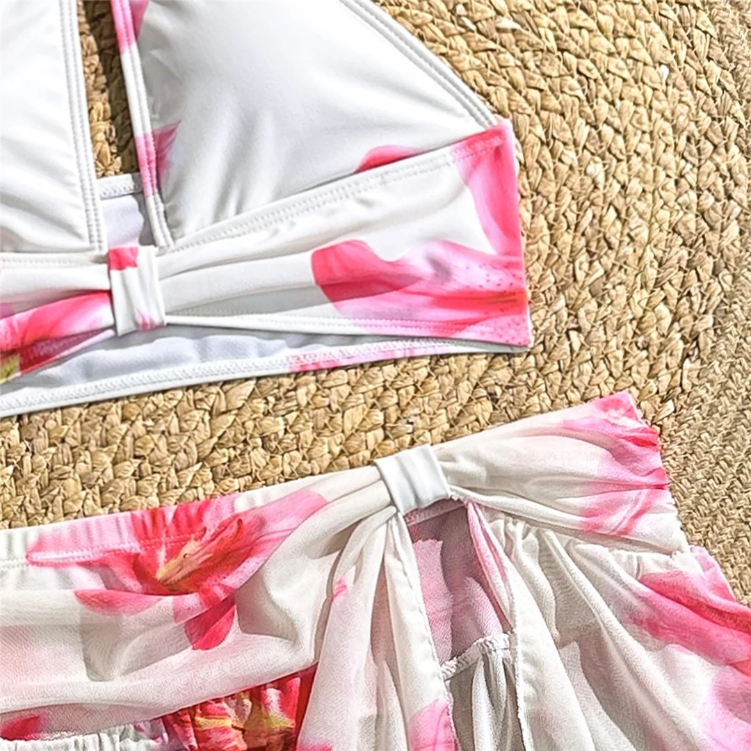 Blumenmuster, mit Rock, Neckholder-Bikini, Damen-Badebekleidung, weiblicher Badeanzug, dreiteiliges Bikini-Set, Badeanzug, Badebekleidung, Schwimmbekleidung V7621 – Detail 10