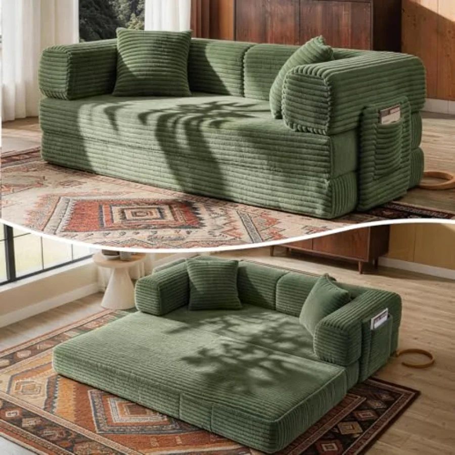 Futon Sofa Bed for living room use, corduroy fabric in beige, boneless design with pull-out sleeper function, day bed with stor