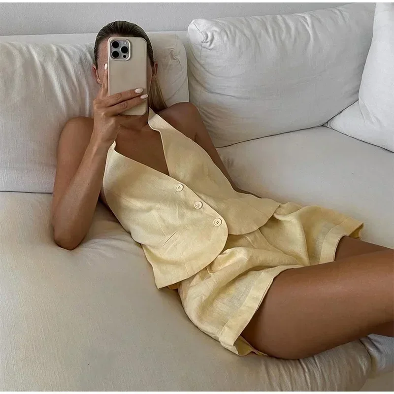 Women Chic Butter Yellow Straight Pants Suit Sexy Off Shoulder Backless Halter Top Set 2025 New Summer Lady 2 Pieces Set Outfits