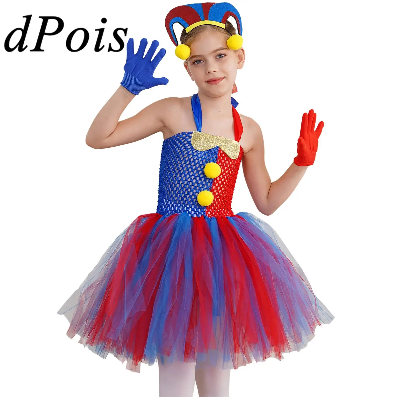 

Костюм циркового клоуна для девочек на Хэллоуин, платье-пачка с лямкой на шее и шляпой клоуна, комплект перчаток, наряд, праздничная одежда