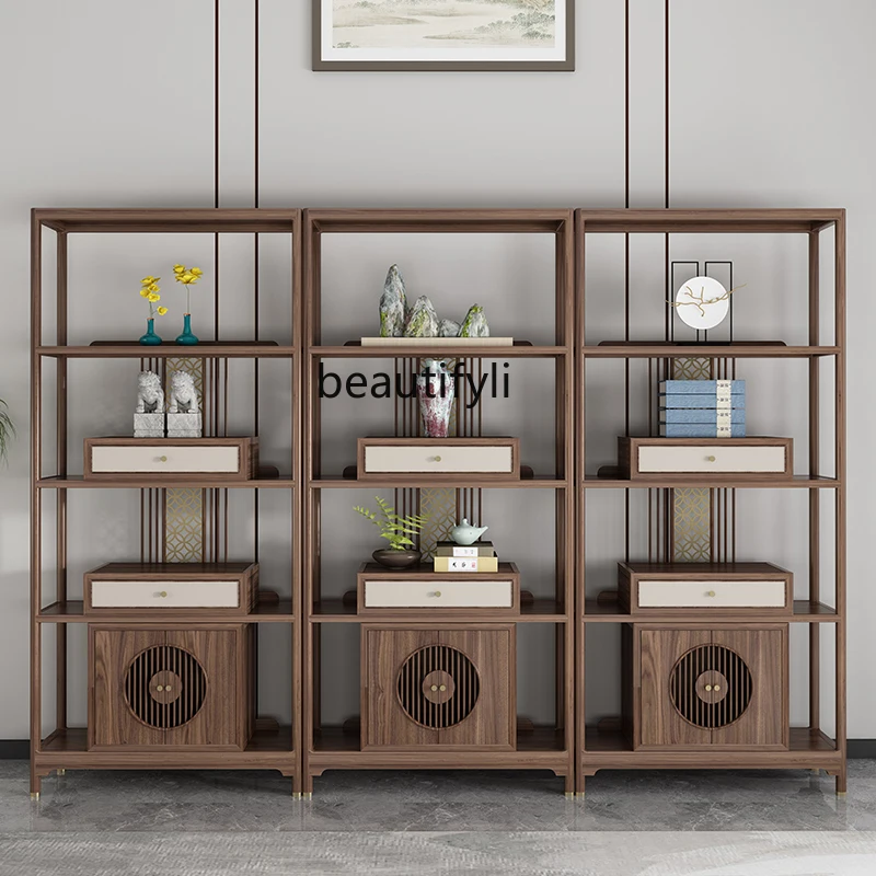 New Chinese Style Light Luxury Bookcase Antique Shelf Shelf Floor Multi-Layer Ash Wood Bookshelf Bookcase