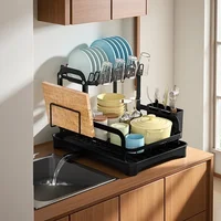 2 Tier Dish Drying Rack with Drainboard Space Saving Kitchen Countertop Organizer for Plates Bowls and Utensils 3