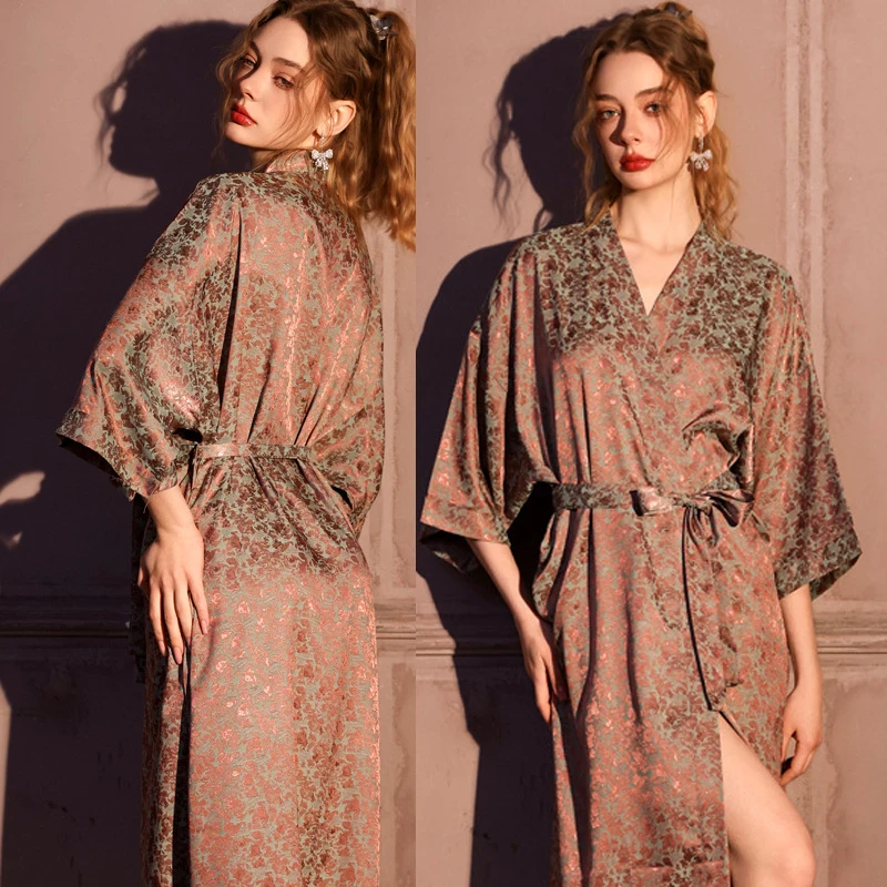 

2026 Spring Summer New Jacquard Women's Robe Homewear Sexy Long Kimono Bathrobe Lingerie Nightgown Loose Ice Silk Sleepwear