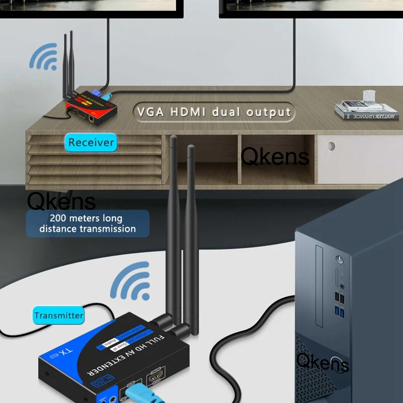 1080P 200M Ekstender Kompatibel dengan HDMI Nirkabel 1 Ke 4 Penerima Pemancar Video Audio Splitter Mendukung Kabel Jaringan VGA Out Rj45