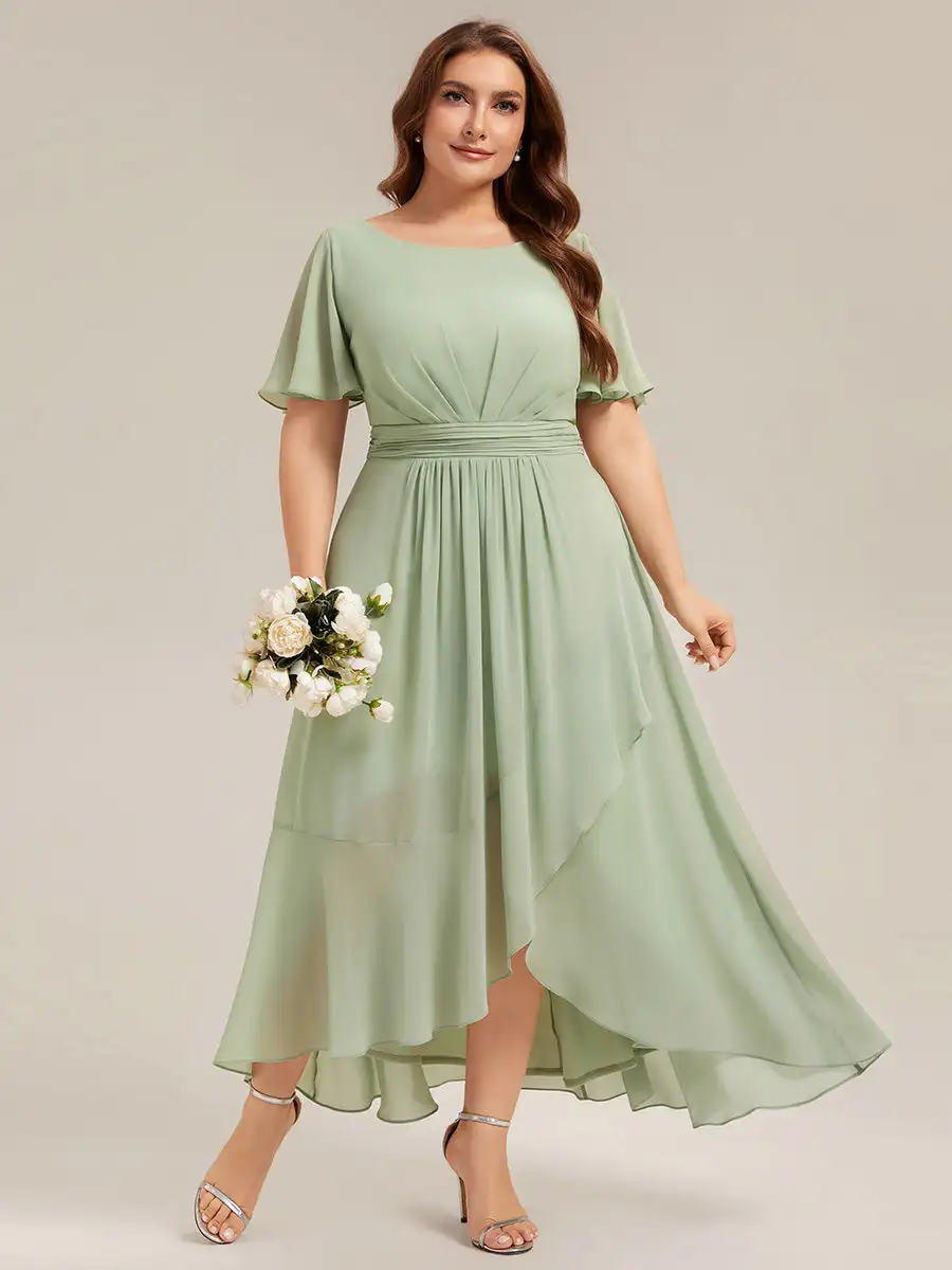short-sleeve-ruffled-round-neck-high-low-asymmetrical-bridesmaid-dresses