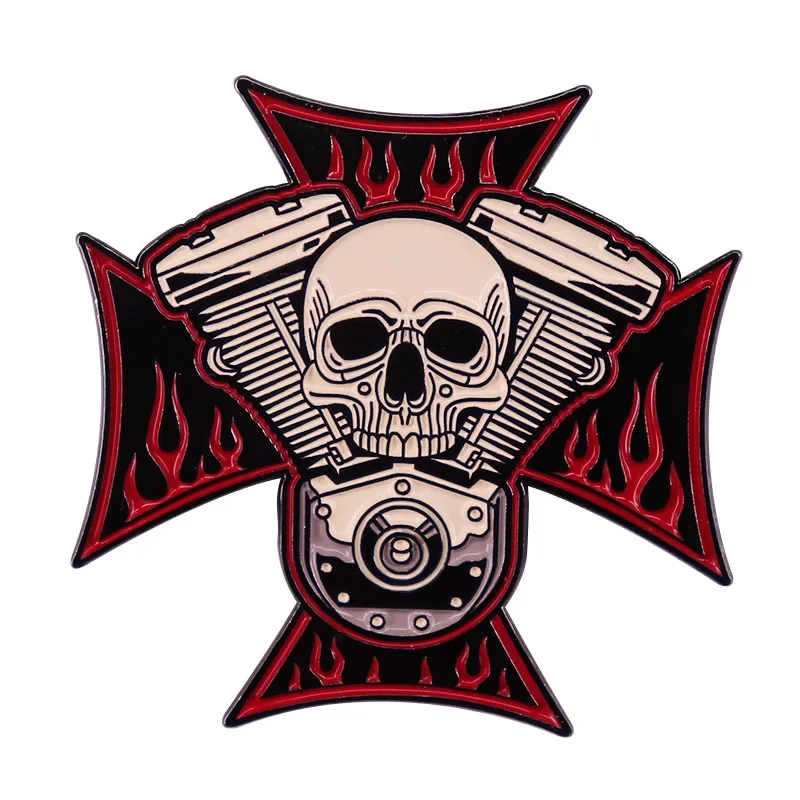 Engine Block Skull Brooch Skull Iron Cross Enamel pin Motorcycle Biker Badge