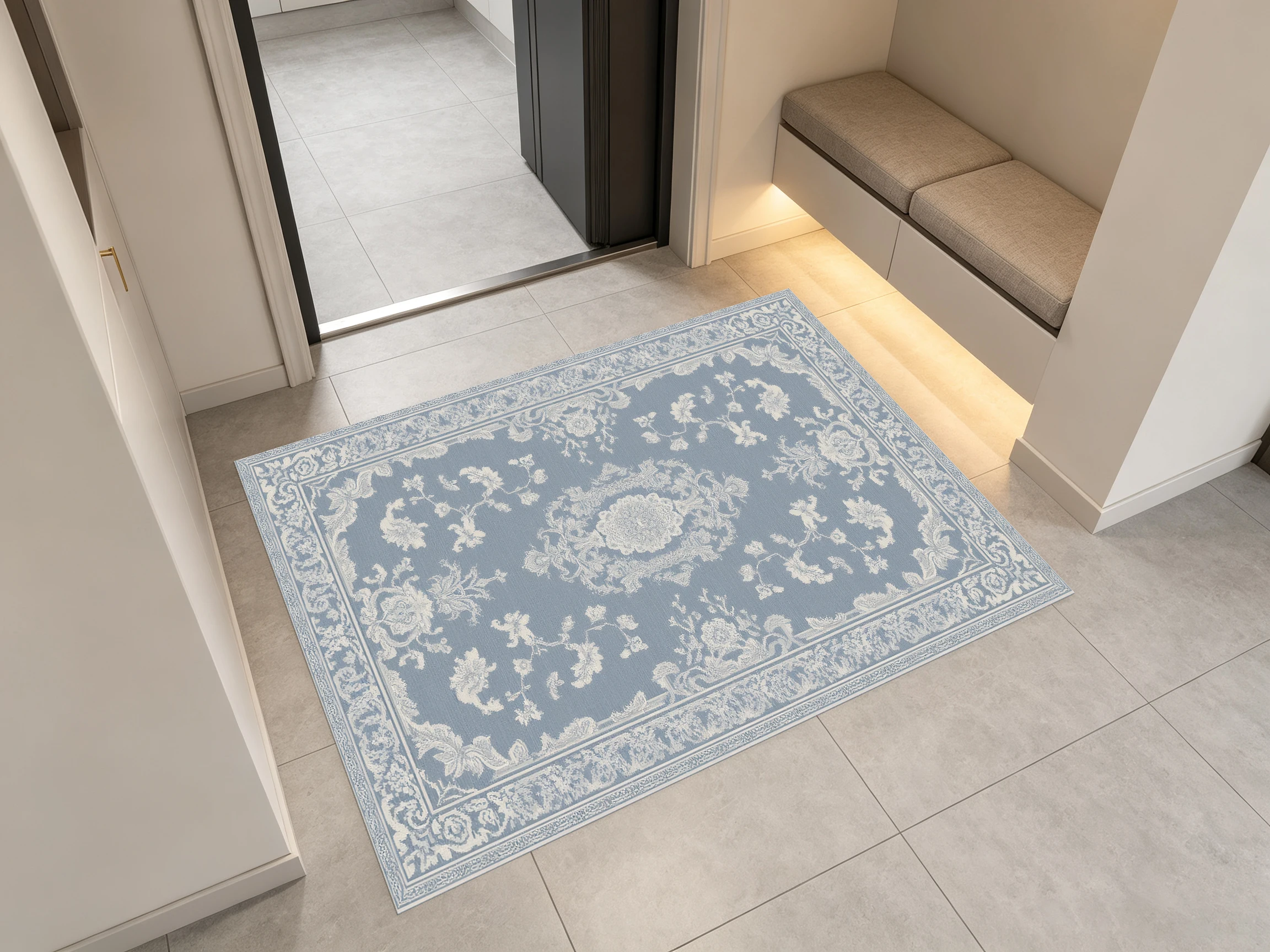2D Large Rug, Gray-Blue European Retro Floral Design, Suitable for Living Room and Bedroom, Enhances the Space and