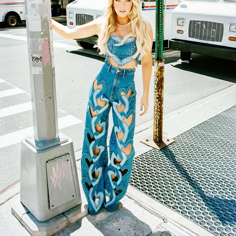 Trend Women's Jeans. 2026 Autumn. New High-waisted Printed Hollow Wide-leg Straight Pants. With Heart-shaped Cutouts