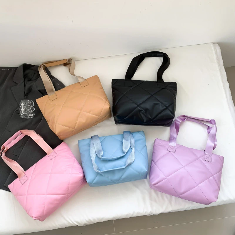

Fashion Women's Quilted Tote Bag Soft PU Leather Puffer Shoulder Handbag Large Capacity Female Shopping Bag Travel Purse