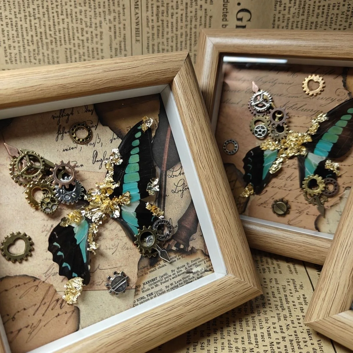 1 Pc Mechanical gold foil real butterfly photo frame specimen （Graphite sarpedon） handmade specimen gift