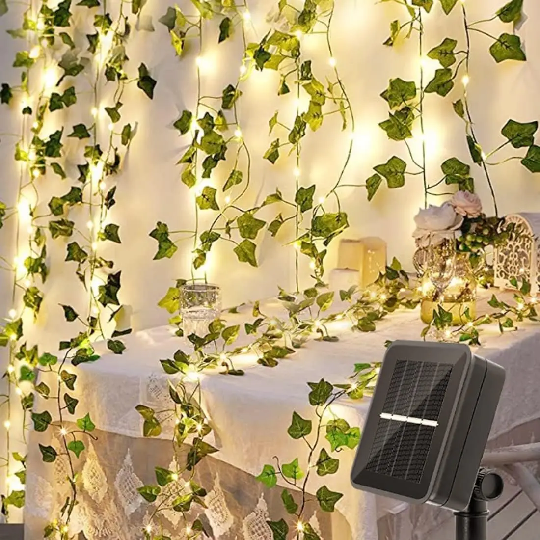 1/2 Stück 100 LED Solar-Lichterkette für den Außenbereich, wasserdicht, 10 m, künstliche Efeublatt-Girlande, solarbetriebene Lichterkette, Campinglampe, 8 Beleuchtungsmodi, Terrassenbeleuchtung,