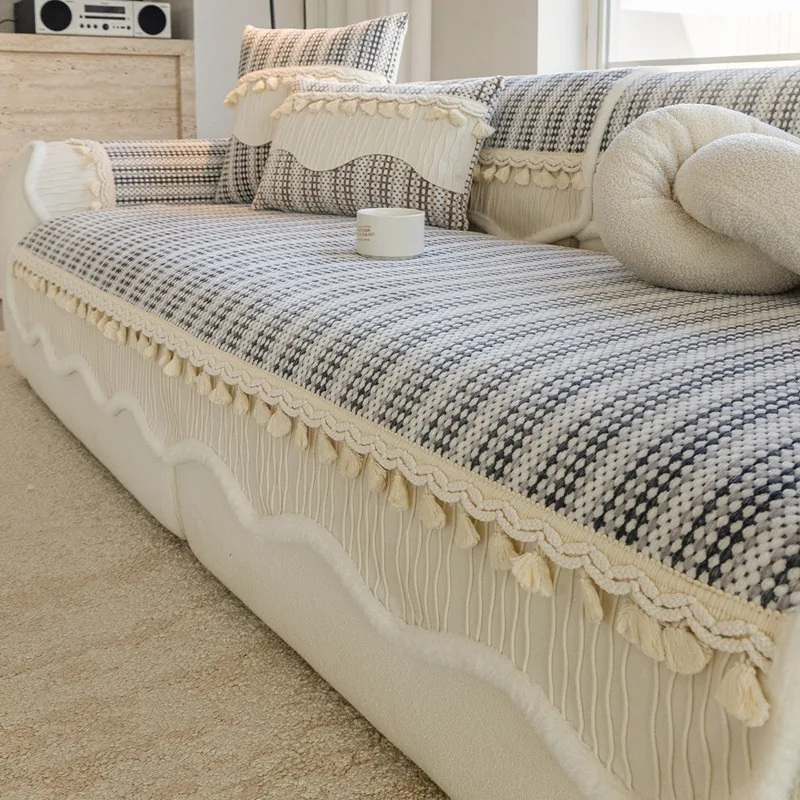 Nordic Striped Sofa Cover with Tassels Anti-Slip Couch Cushion for Living Room Twill Irregular Furniture Protection Slipcover
