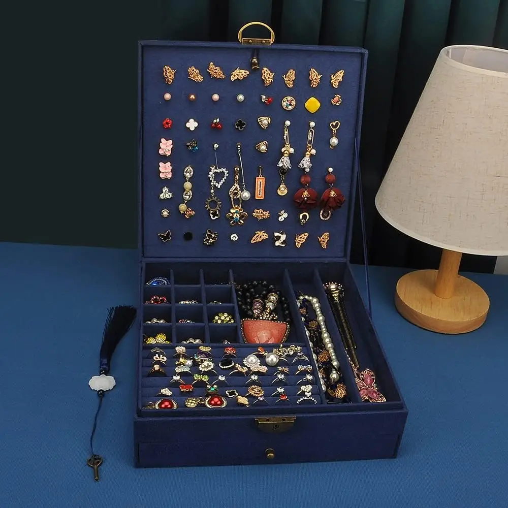 صندوق مجوهرات نسائي مكون من 3 طبقات حقيبة تخزين كبيرة لتنظيم المجوهرات للأقراط والقلائد والخواتم والأساور والعرض الأخضر #3