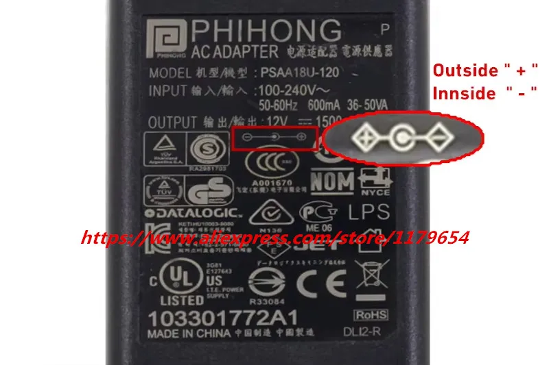 حقيقي PHIHONG PSAA18U-120 12 فولت 1500 مللي أمبير (1.5A) 5.5*2.1 مللي متر محول الطاقة شاحن لمنصة المسح البيانات المسح الضوئي بندقية