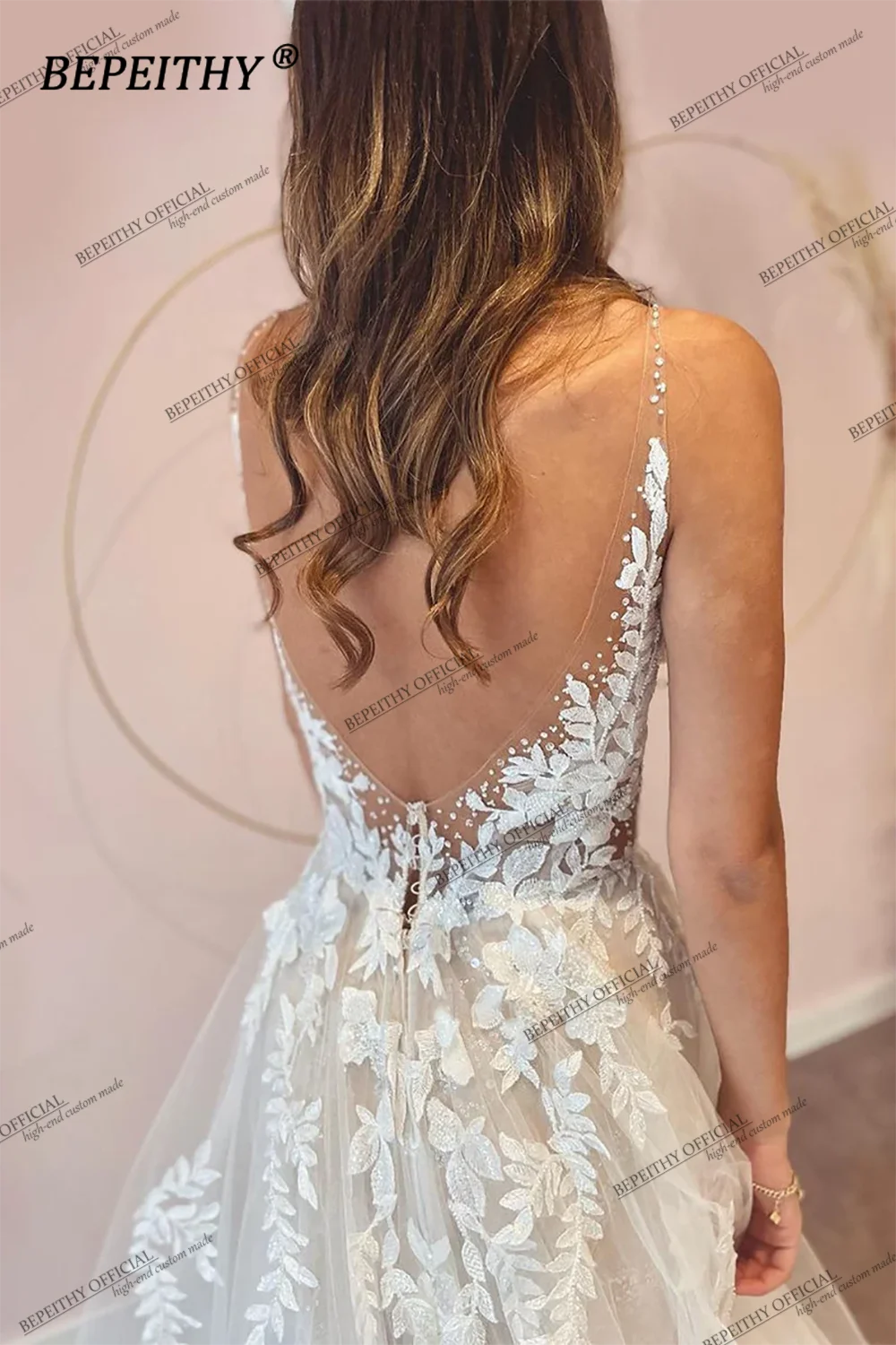 BEPEITHY, vestidos de fiesta de boda con escote redondo de encaje romántico personalizados para novia, vestido de novia blanco bohemio hasta el suelo con espalda descubierta para mujer