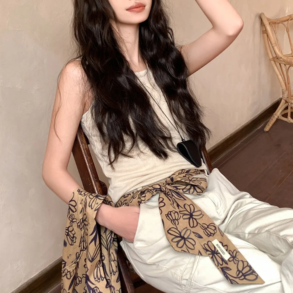 

Fashion Cotton Oil Painting Scarf Thin Tulip Extended Long Ribbon Vintage Polka Dot Waistband Belt Girl