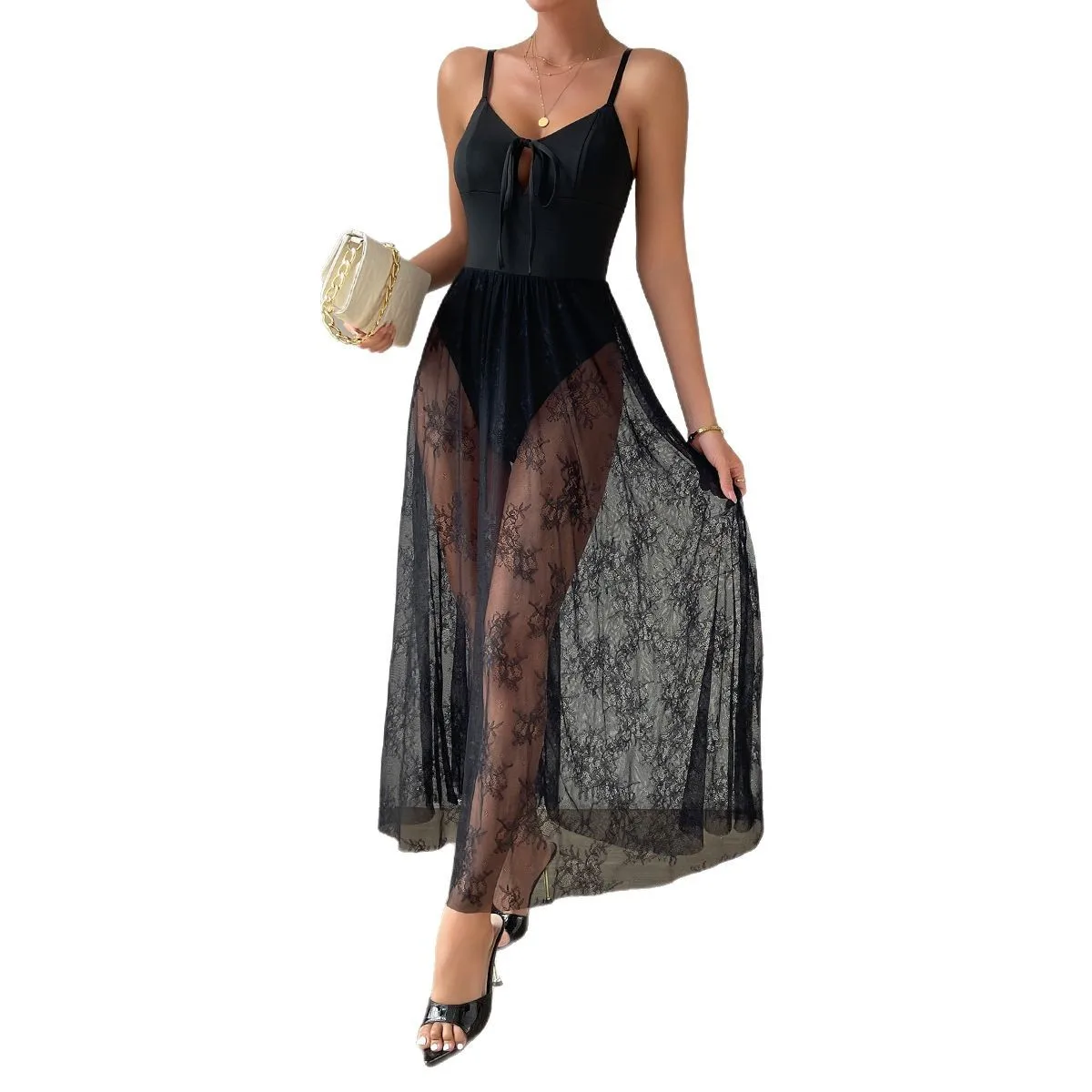 2025 جديد مثير منظور شبكة التطريز الحمالة فستان قسط فستان التوابل فتاة ملهى ليلي فستان 11129