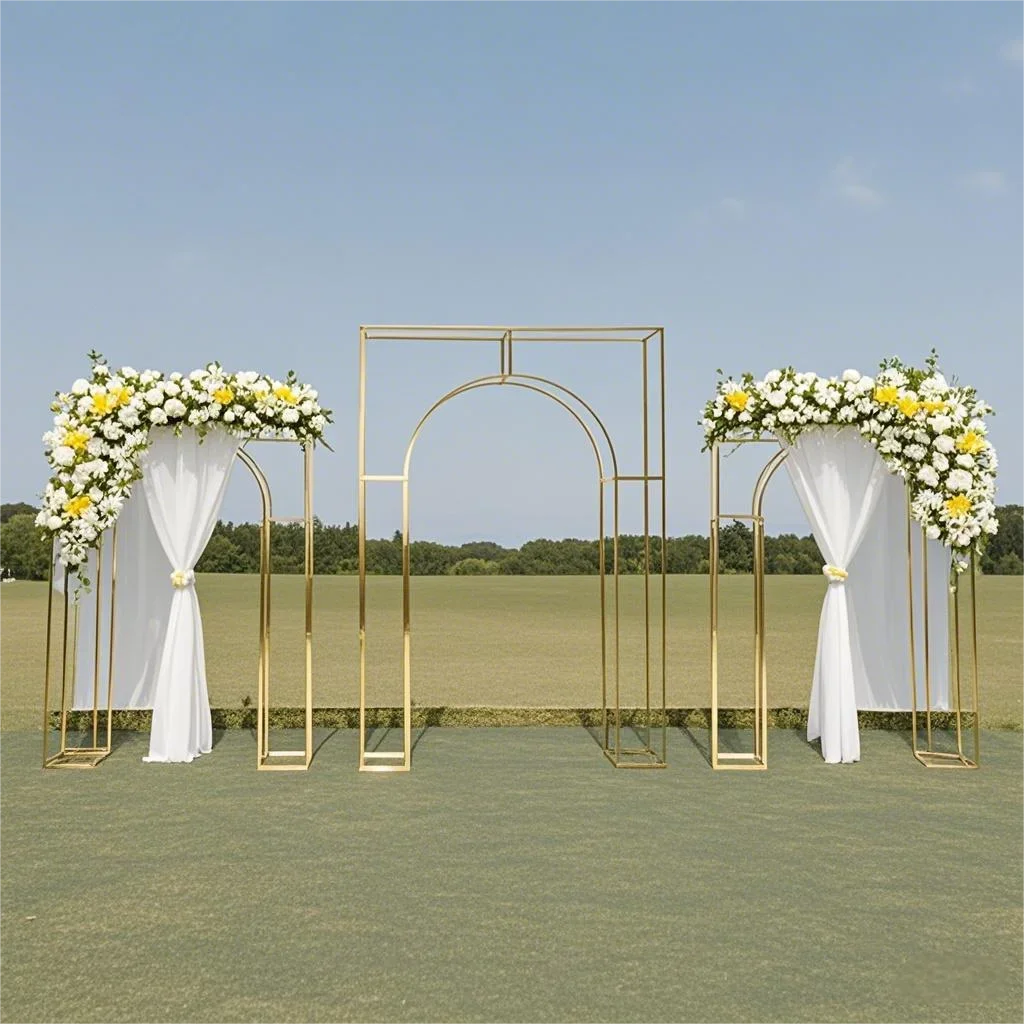 Goldener Metall-Doppelbogen Hochzeitsbogen-Hintergrund - Eleganter Blumenständer für Zeremonien, Partydekoration, Glitzernde Feier zum Geburtstag – Detail 1