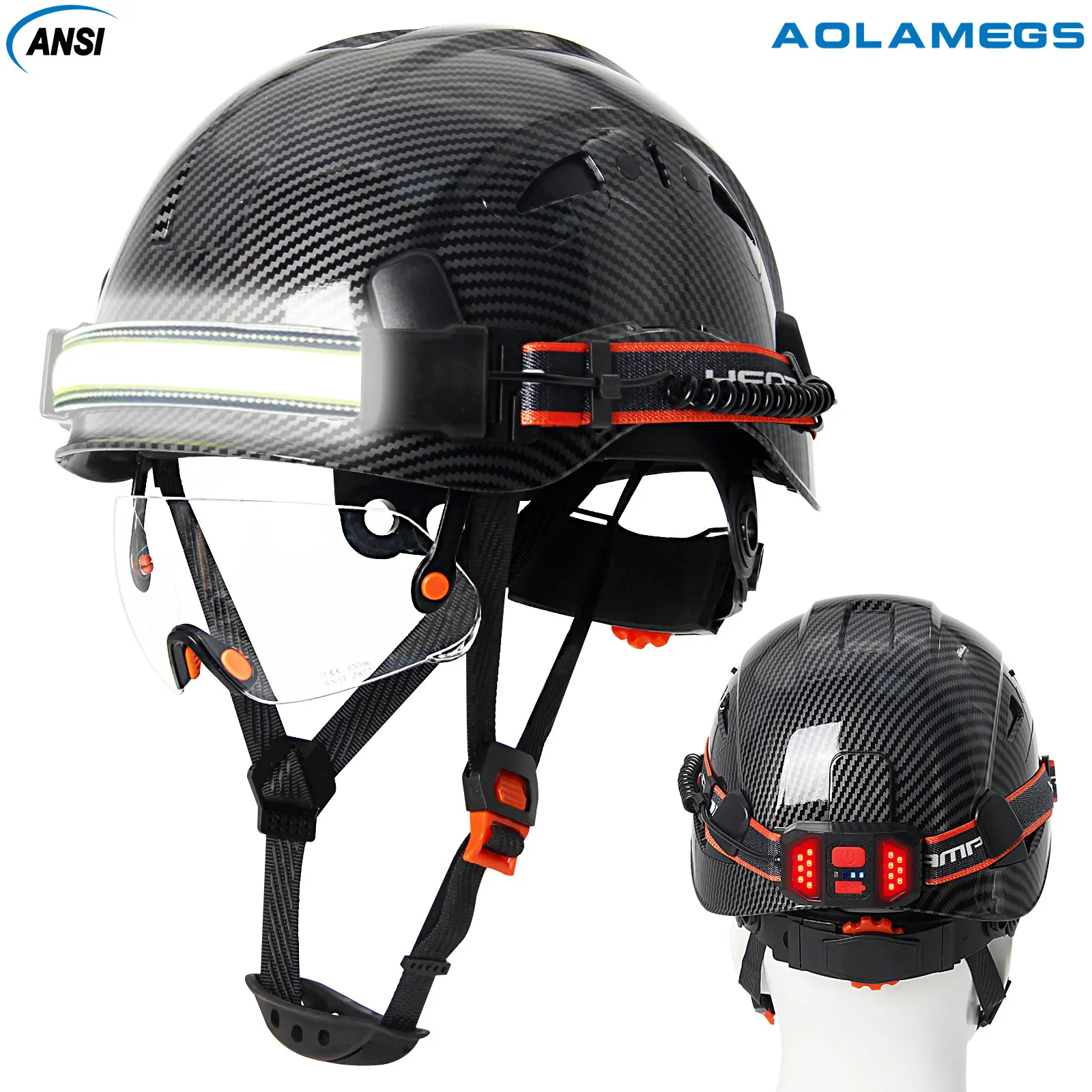 CE Safety Helmets with Built-in Goggles LED Headlight Strip and Taillight ABS Construction Hard Hat Lightweight ANSI Work Cap