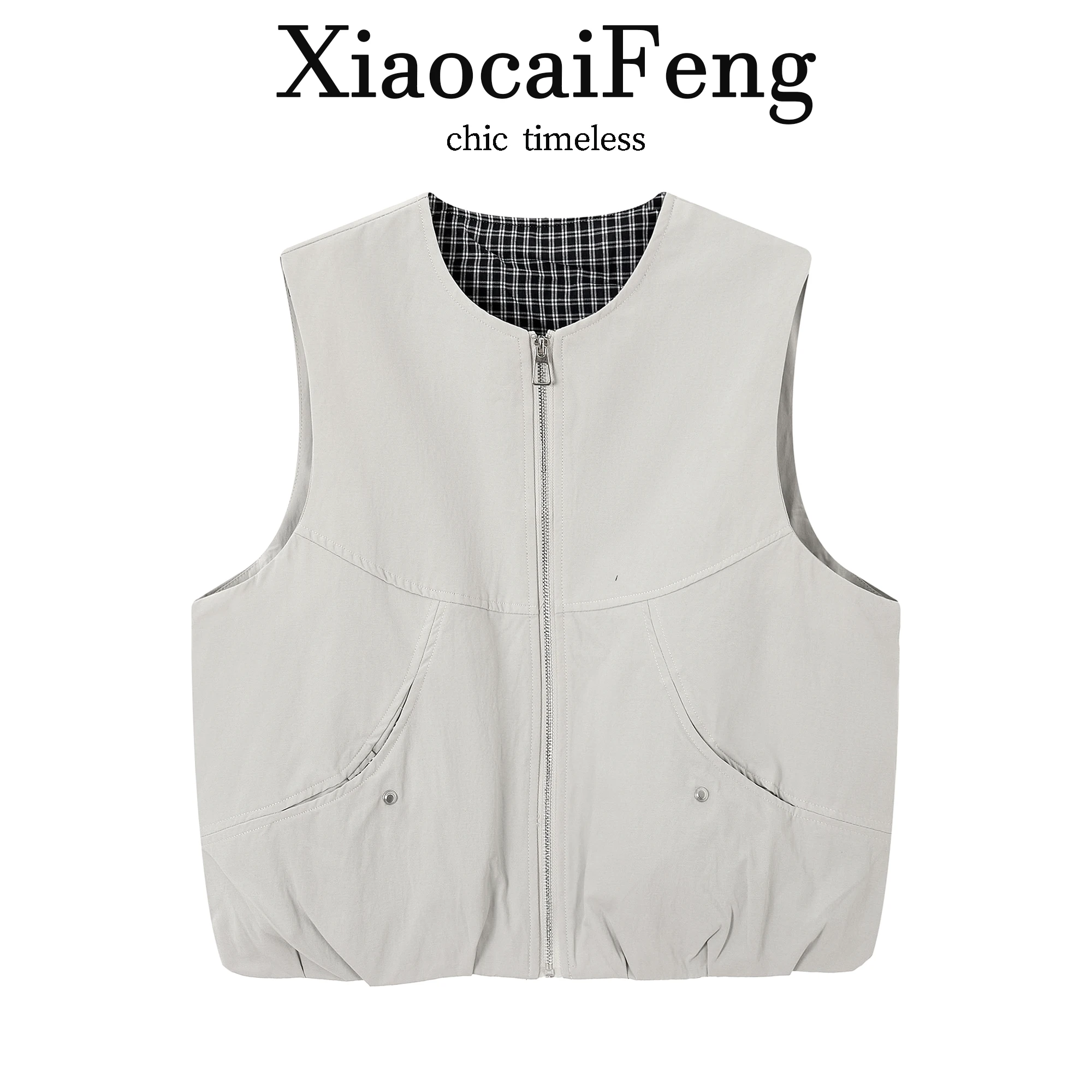 

Japanese Workwear Style Plaid Vest Women's Spring Autumn Versatile Open Cardigan Sleeveless Shoulder Pad Zipper Jacket Top