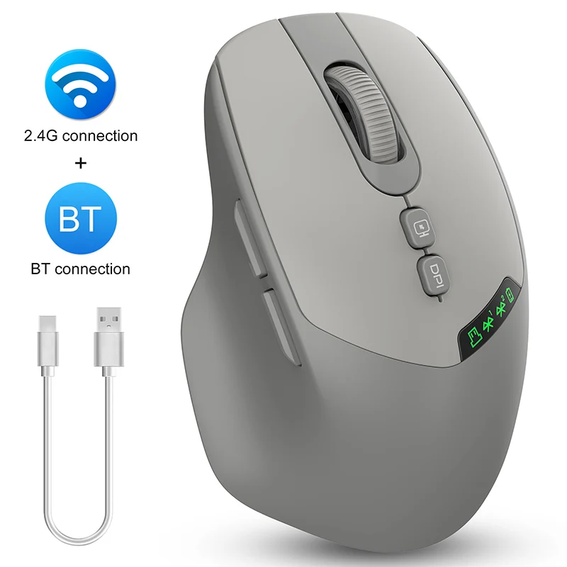 Mouse sem fio T02 Pro com display OLED, conectividade dupla Bluetooth e USB, design silencioso, suporte para vários dispositivos para PC/Lapto