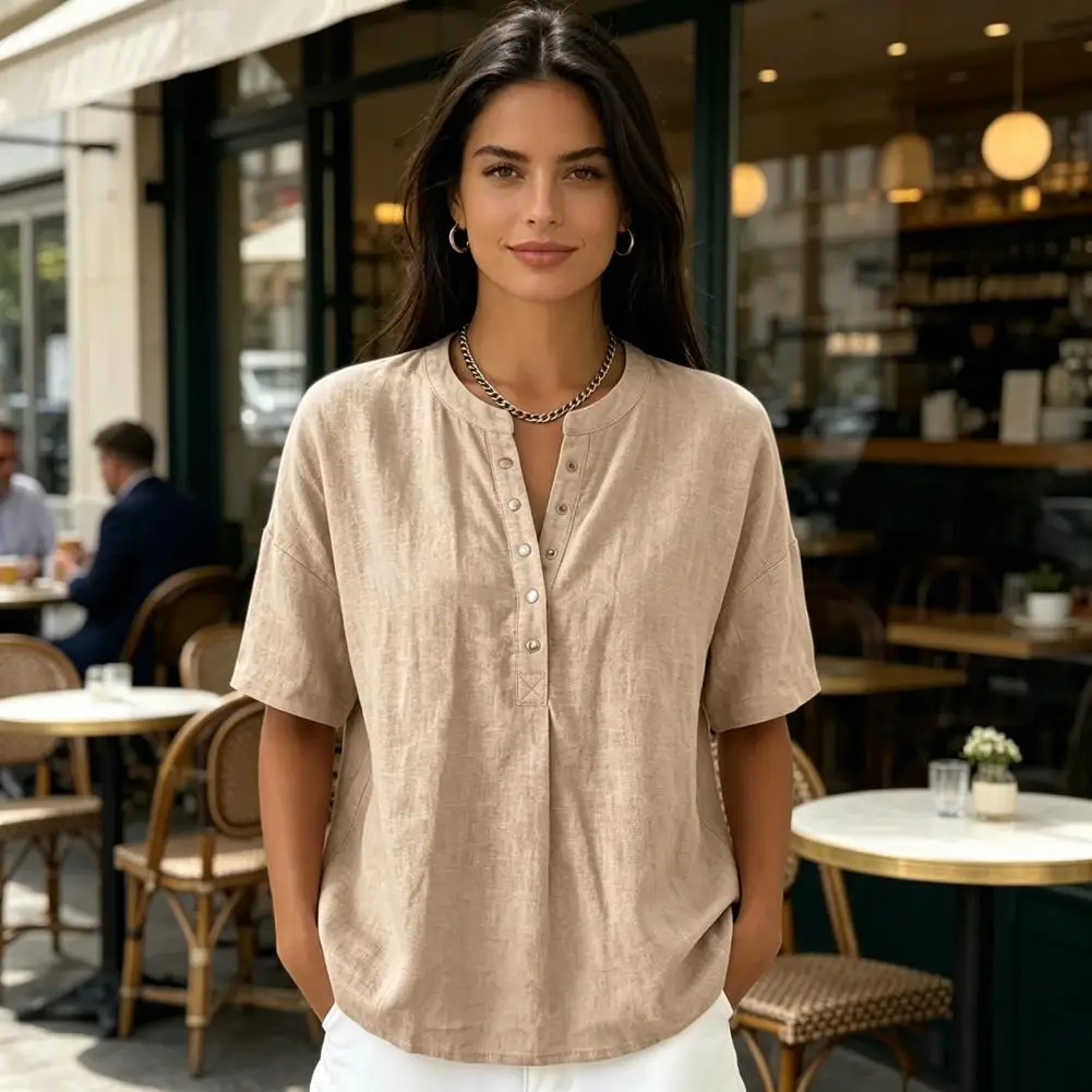 Women V Neck Short Sleeve Tops Pure Color Loose Fit Button Closure Casual Pullover Commuter Daily Wear Soft Breathable Shirt