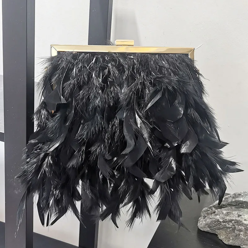 Luxury Ostrich Feather Handmade Evening Bag Beads Beading Handle Women Handbag Wedding Party Clutch Purse Shoulder Crossbody Bag