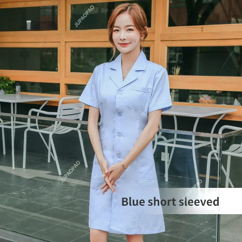 New Women's Fashion Lab Coat Short Sleeve Doctor Nurse Dress Long Sleeve Medical Uniforms White Jacket Adjustable Waist Belt