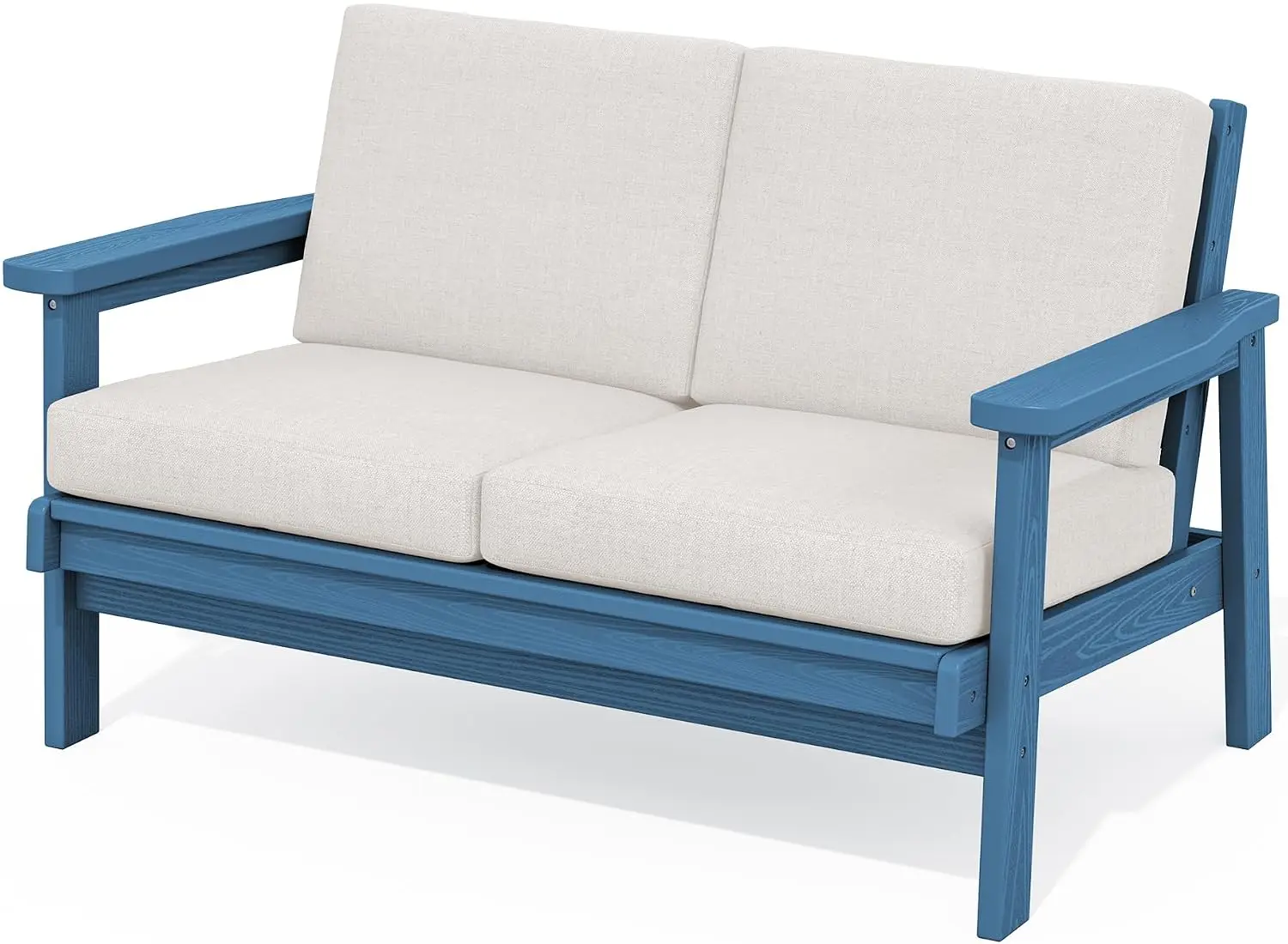 Outdoor Loveseat Patio Furniture Set All Weather Heavy Duty Weatherproof Wood Texture Frame Splash proof Thick Cushions Blu