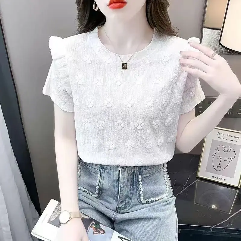 Women\'s Clothing Summer Geometric Short Sleeve Letter Rhinestone Printing Round Neck Ruffles T-shirt Trendy All-match Tops