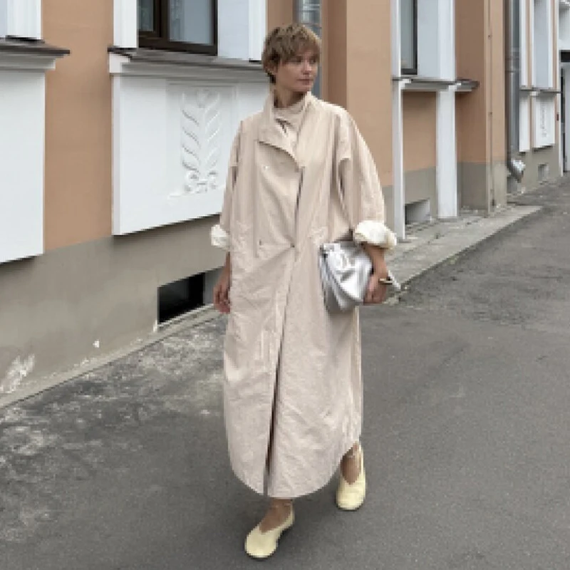 Women Loose Maxi Trench Coat Stand Collar Snap Buttons Side Pockets Long Outerwear Windproof Autumn Commute Ladies Trench Jacket
