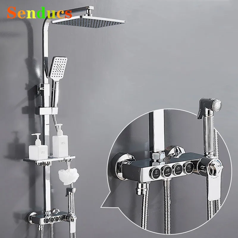 Chrome Hot Cold Bathroom Shower Set Brass Thermostatic Bathroom Shower System Faucet Accessories 12 Inch Rainfall Shower Head