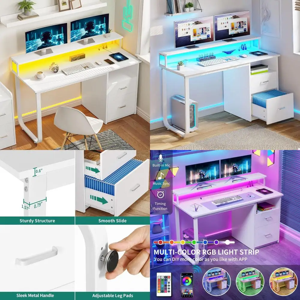 

47.2 Modern Office Desk with Power Outlets, LED Lighting, and Storage Shelves, White