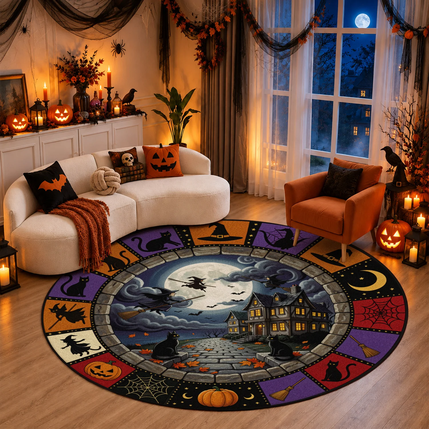 Cozy Halloween Themed Witch Black Cat Pumpkin Haunted House Moon Round Velvet Area Rug Machine Washable for Living Room Bedroom Entryway Thanksgiving Christmas New Year