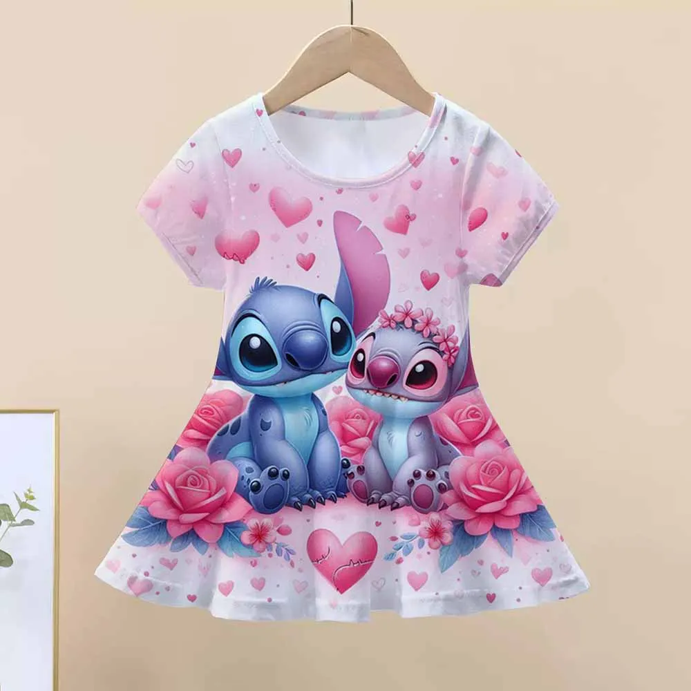 

2025 Summer Girls Gift Short Sleeve Dress Original Cute Stitch 3d Print Kids Skirt Fashion Performance Clothes Child Casual Wear