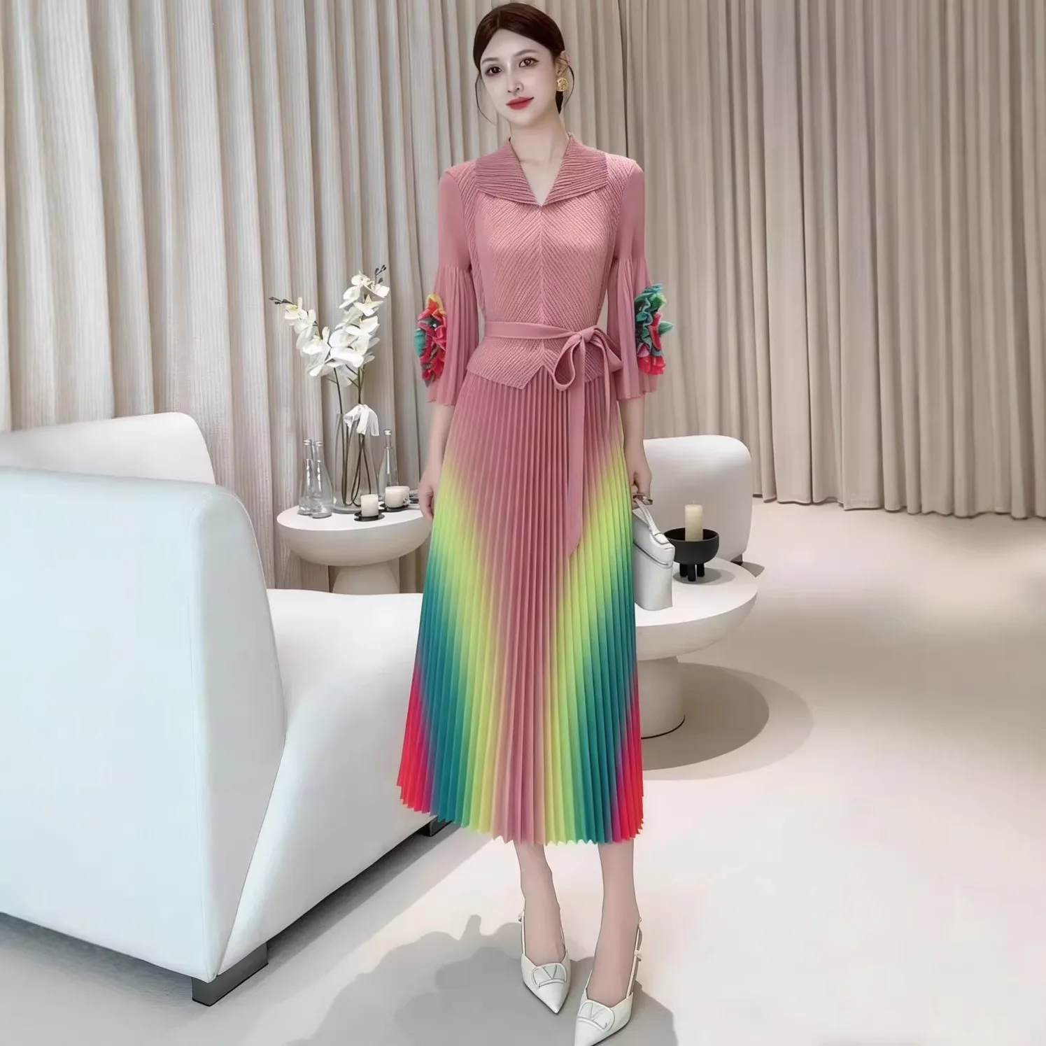

Miyake Pleated New 2026 Large Size Dress Gradient Color Fashion Sun Pleated Temperament Flare Sleeve Women's Long Dresses Pleat